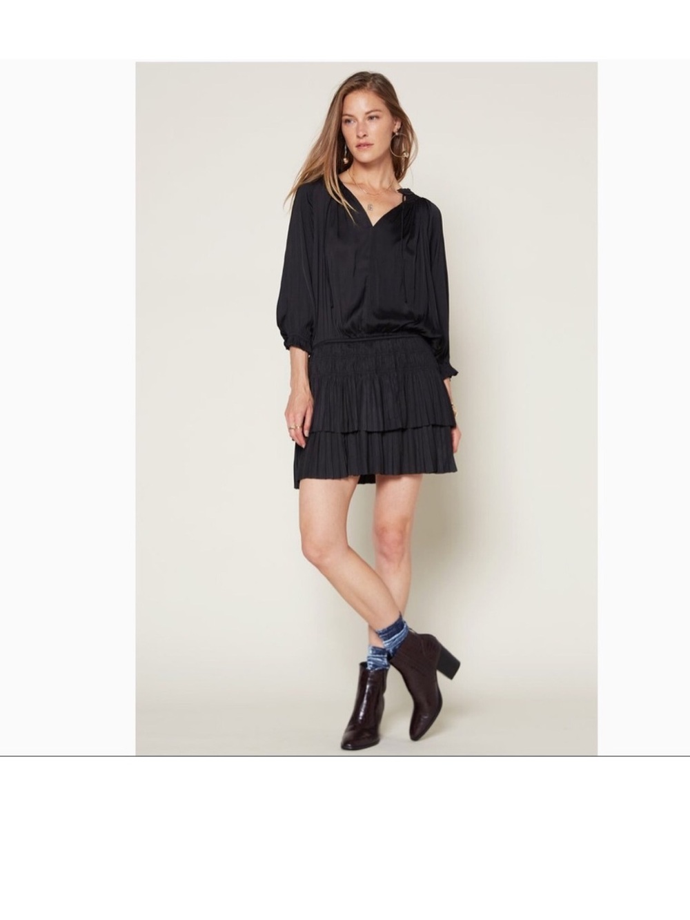 Current Air Antropologie Aurelie Pleated Black Sleeve Mini Dress S